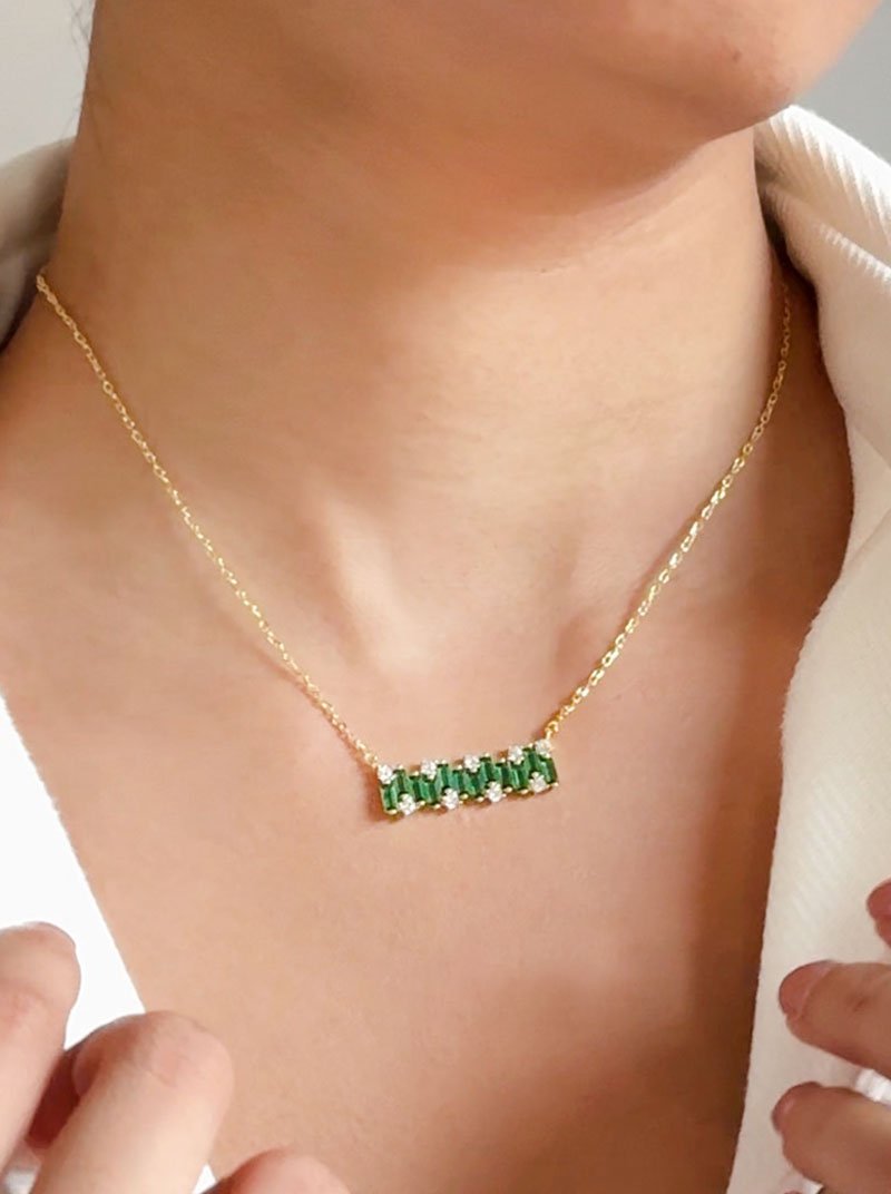 Green Baguette Bar Pendant Chain (Pure Silver) - Gold